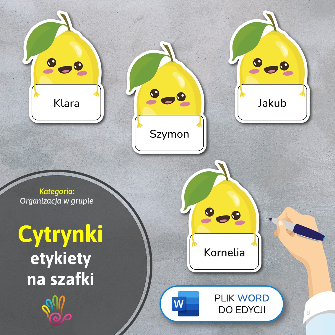 cytrynki cytryny etykiety znaczki na szafki na półki do przedszkola do szkoły do szatni z miejscem na imię pdf do druku do pobrania do samodzielnego wykonania materiały edukacyjne pomoce dydaktyczne terapeutyczne superkid printoteka word do edycji podpisy