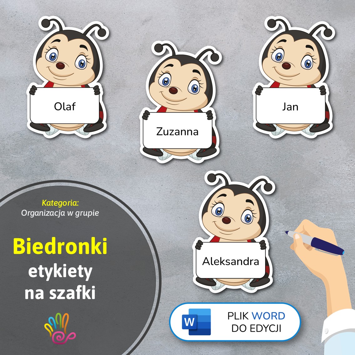 biedronki biedroneczki etykiety znaczki na szafki na półki do przedszkola do szkoły do szatni z miejscem na imię pdf do druku do pobrania do samodzielnego wykonania materiały edukacyjne pomoce dydaktyczne terapeutyczne superkid printoteka word do edycji podpisy