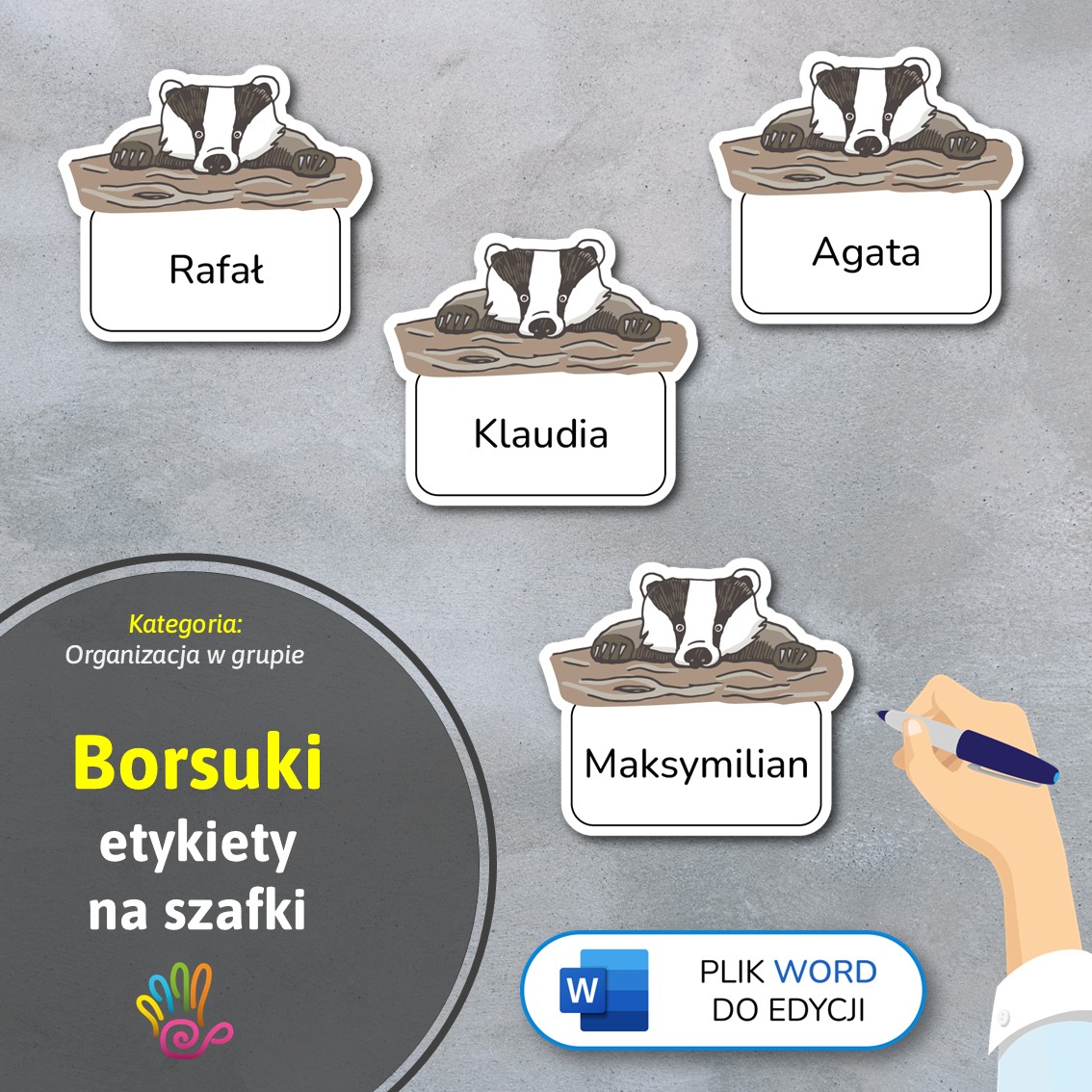 borsuki etykiety znaczki na szafki na półki do przedszkola do szkoły do szatni z miejscem na imię pdf do druku do pobrania do samodzielnego wykonania materiały edukacyjne pomoce dydaktyczne terapeutyczne superkid printoteka word do edycji podpisy