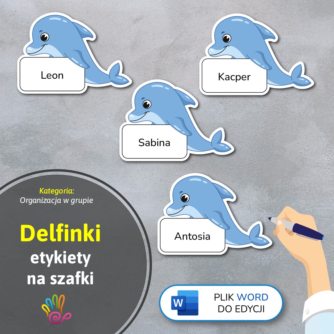 delfinki delfiny papużki papugi etykiety znaczki na szafki na półki do przedszkola do szkoły do szatni z miejscem na imię pdf do druku do pobrania do samodzielnego wykonania materiały edukacyjne pomoce dydaktyczne terapeutyczne superkid printoteka word do edycji podpisy