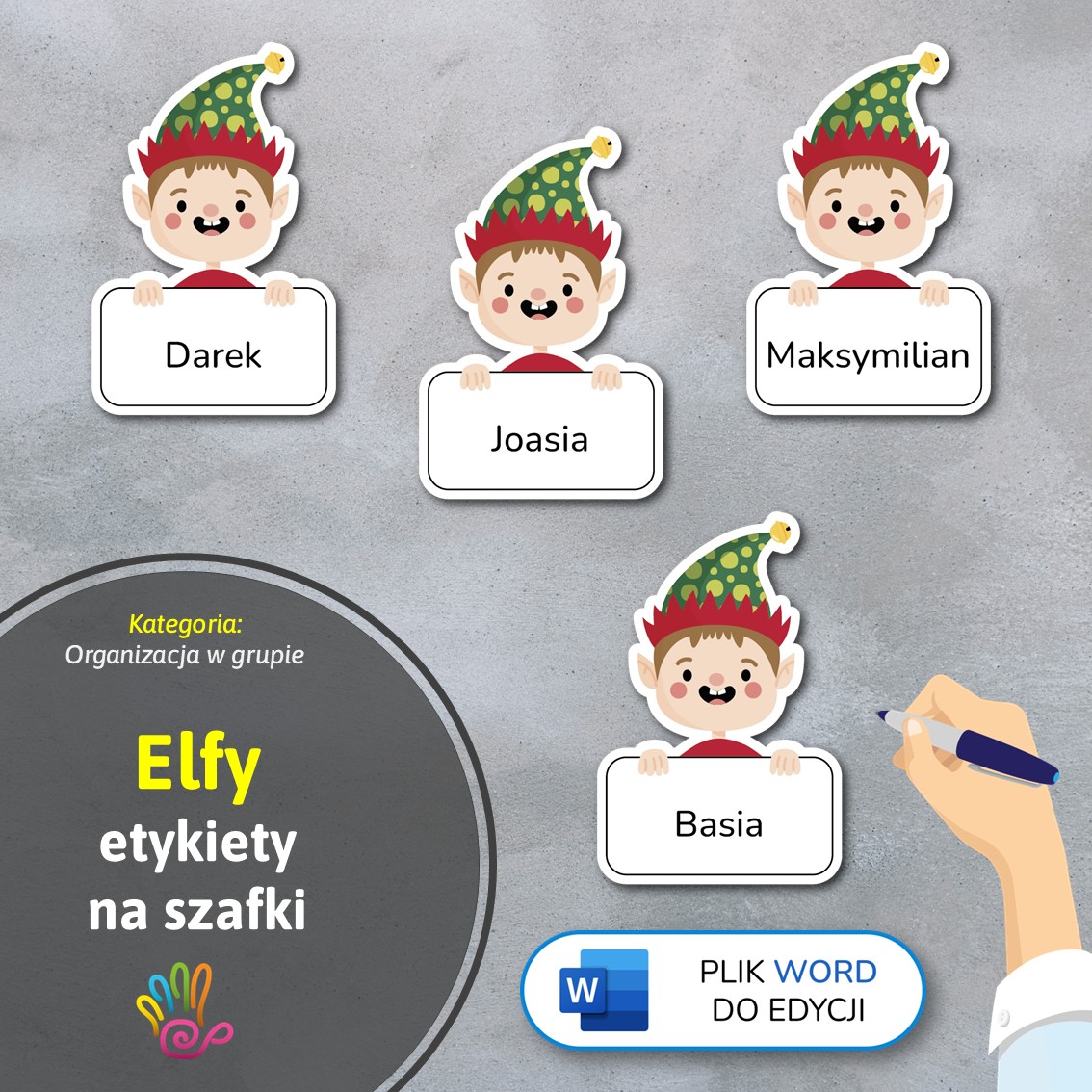 elfy skrzaty etykiety znaczki na szafki na półki do przedszkola do szkoły do szatni z miejscem na imię pdf do druku do pobrania do samodzielnego wykonania materiały edukacyjne pomoce dydaktyczne terapeutyczne superkid printoteka word do edycji podpisy