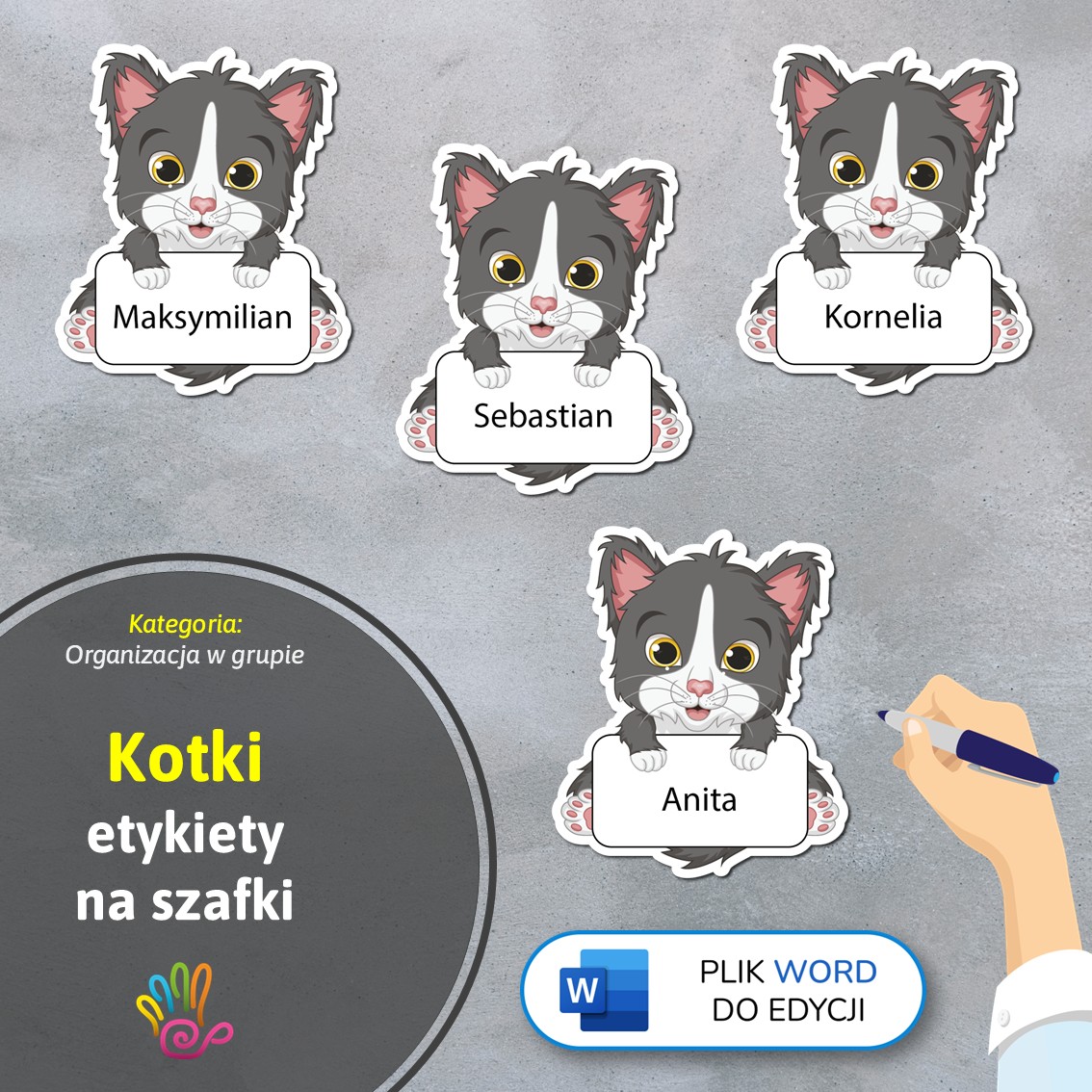 kotki koty etykiety znaczki na szafki na półki do przedszkola do szkoły do szatni z miejscem na imię pdf do druku do pobrania do samodzielnego wykonania materiały edukacyjne pomoce dydaktyczne terapeutyczne superkid printoteka word do edycji podpisy