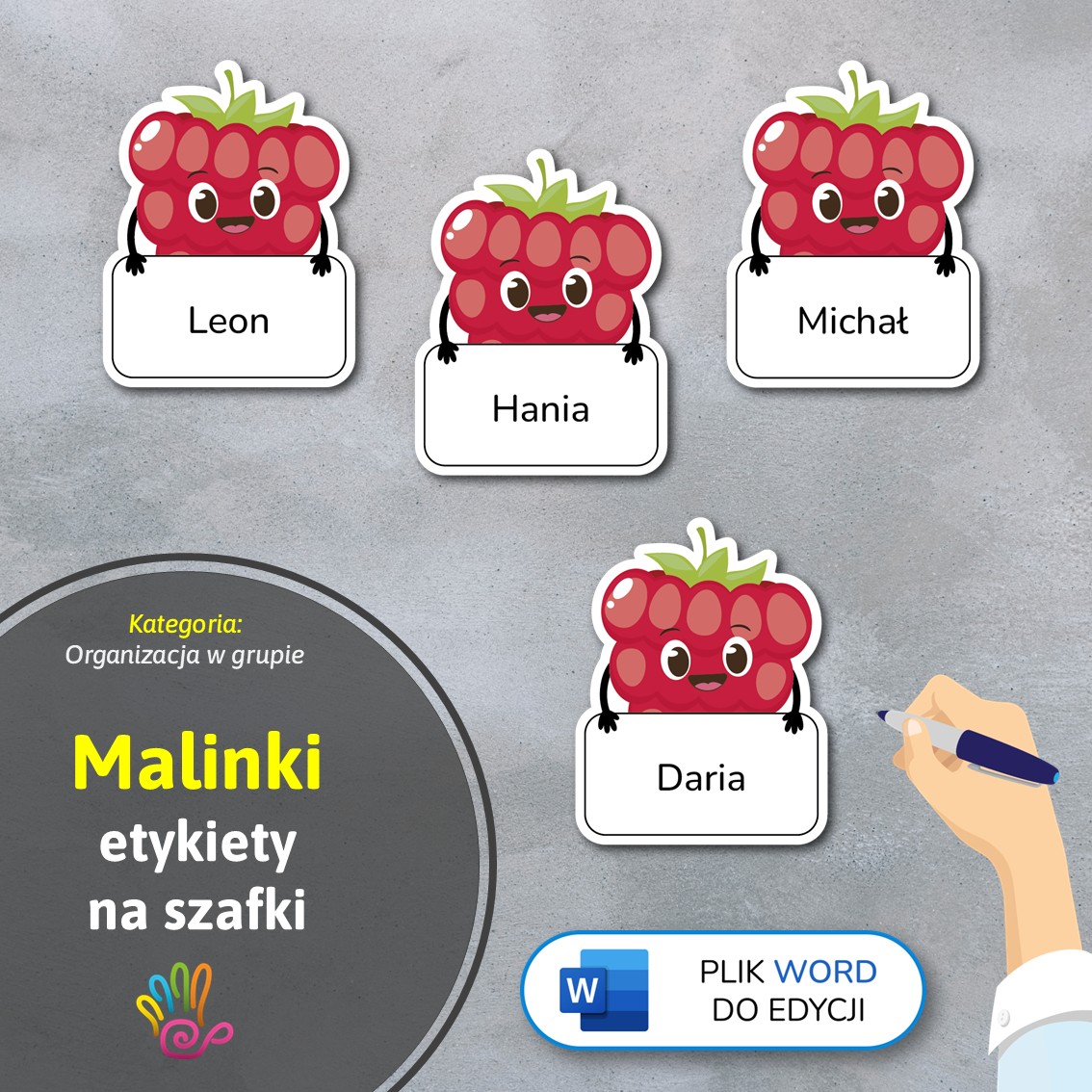 maliny malinki etykiety znaczki na szafki na półki do przedszkola do szkoły do szatni z miejscem na imię pdf do druku do pobrania do samodzielnego wykonania materiały edukacyjne pomoce dydaktyczne terapeutyczne superkid printoteka word do edycji podpisy