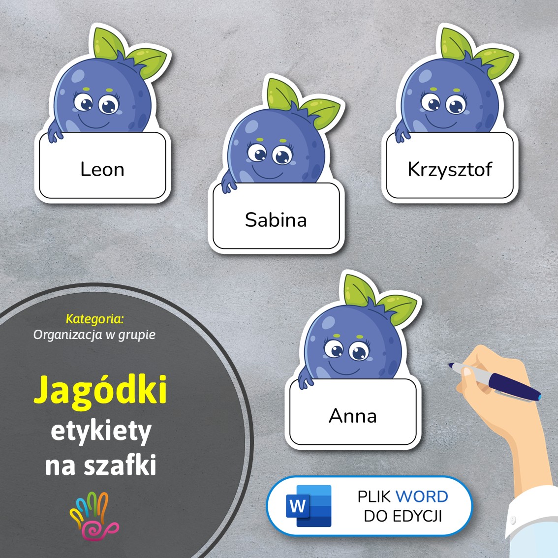 jagódki jagody etykiety znaczki na szafki na półki do przedszkola do szkoły do szatni z miejscem na imię pdf do druku do pobrania do samodzielnego wykonania materiały edukacyjne pomoce dydaktyczne terapeutyczne superkid printoteka word do edycji podpisy