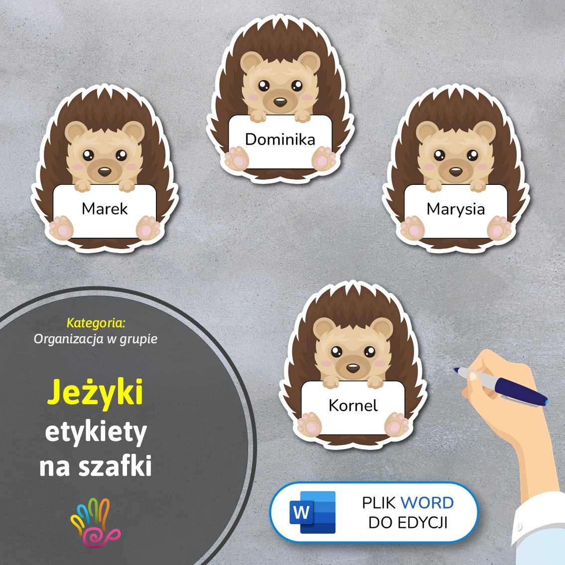 jeżyki jeże etykiety znaczki na szafki na półki do przedszkola do szkoły do szatni z miejscem na imię pdf do druku do pobrania do samodzielnego wykonania materiały edukacyjne pomoce dydaktyczne terapeutyczne superkid printoteka word do edycji podpisy