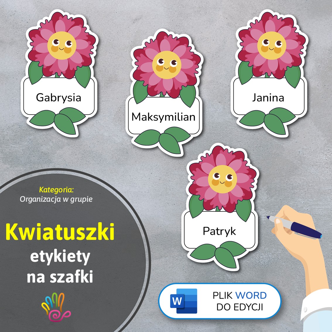 kwiaty kwiatuszki etykiety znaczki na szafki na półki do przedszkola do szkoły do szatni z miejscem na imię pdf do druku do pobrania do samodzielnego wykonania materiały edukacyjne pomoce dydaktyczne terapeutyczne superkid printoteka word do edycji podpisy