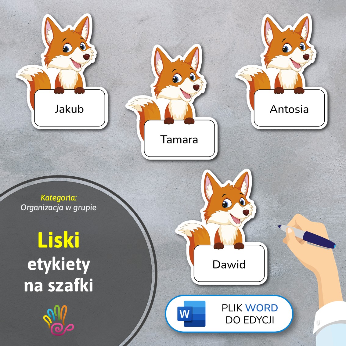 liski lisy etykiety znaczki na szafki na półki do przedszkola do szkoły do szatni z miejscem na imię pdf do druku do pobrania do samodzielnego wykonania materiały edukacyjne pomoce dydaktyczne terapeutyczne superkid printoteka word do edycji podpisy