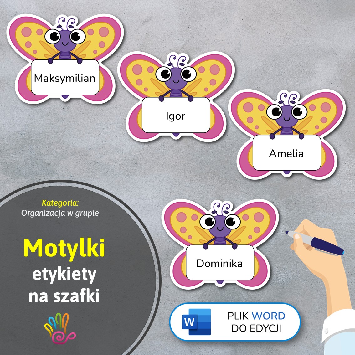 motyle motylki etykiety znaczki na szafki na półki do przedszkola do szkoły do szatni z miejscem na imię pdf do druku do pobrania do samodzielnego wykonania materiały edukacyjne pomoce dydaktyczne terapeutyczne superkid printoteka word do edycji podpisy