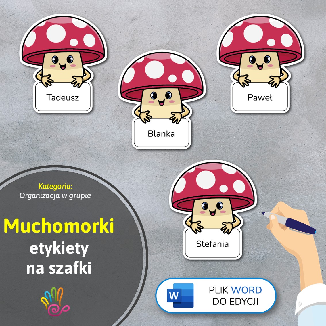 muchomory muchomorki etykiety znaczki na szafki na półki do przedszkola do szkoły do szatni z miejscem na imię pdf do druku do pobrania do samodzielnego wykonania materiały edukacyjne pomoce dydaktyczne terapeutyczne superkid printoteka word do edycji podpisy