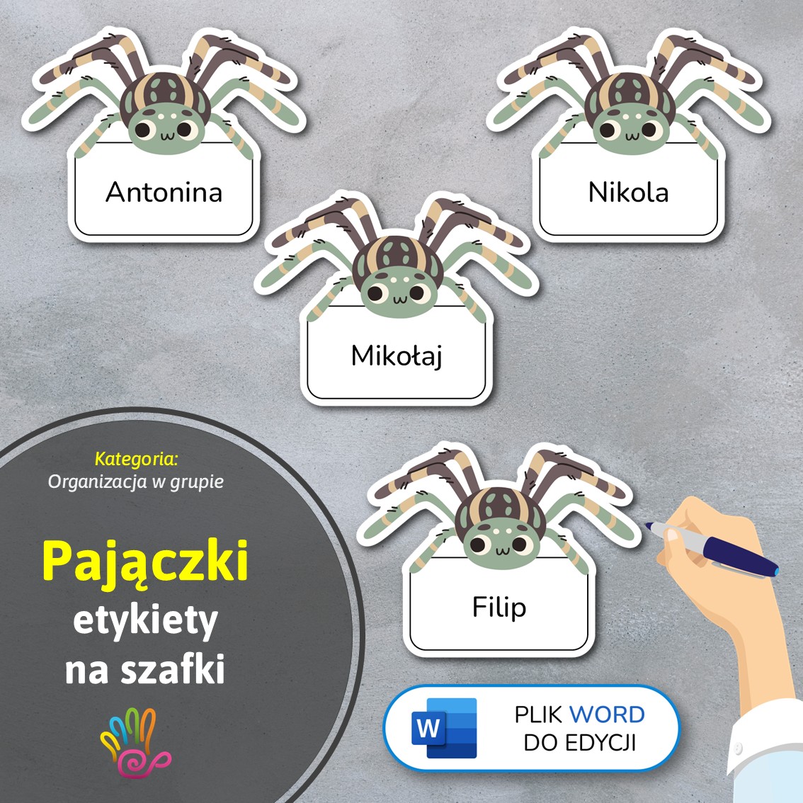 pajączki pająki etykiety znaczki na szafki na półki do przedszkola do szkoły do szatni z miejscem na imię pdf do druku do pobrania do samodzielnego wykonania materiały edukacyjne pomoce dydaktyczne terapeutyczne superkid printoteka word do edycji podpisy