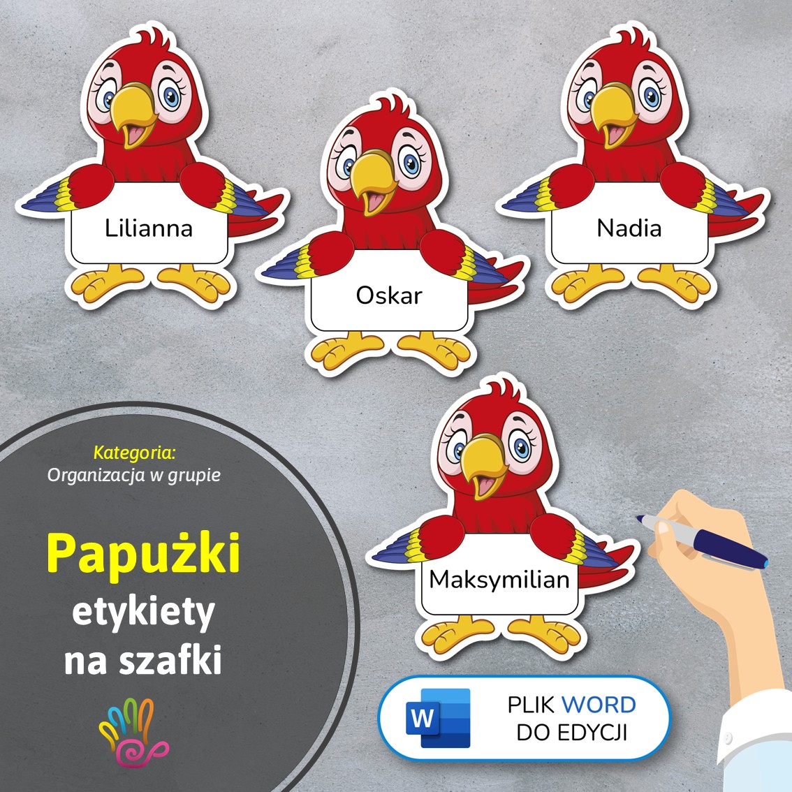 papużki papugi etykiety znaczki na szafki na półki do przedszkola do szkoły do szatni z miejscem na imię pdf do druku do pobrania do samodzielnego wykonania materiały edukacyjne pomoce dydaktyczne terapeutyczne superkid printoteka word do edycji podpisy