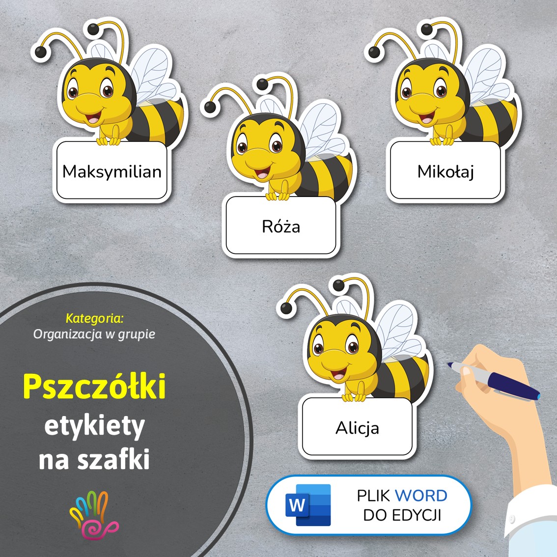 pszczółki pszczoły etykiety znaczki na szafki na półki do przedszkola do szkoły do szatni z miejscem na imię pdf do druku do pobrania do samodzielnego wykonania materiały edukacyjne pomoce dydaktyczne terapeutyczne superkid printoteka word do edycji podpisy