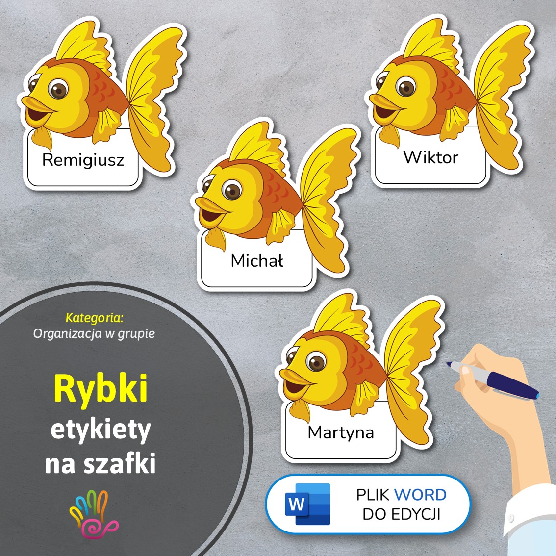 rybki ryby etykiety znaczki na szafki na półki do przedszkola do szkoły do szatni z miejscem na imię pdf do druku do pobrania do samodzielnego wykonania materiały edukacyjne pomoce dydaktyczne terapeutyczne superkid printoteka word do edycji podpisy