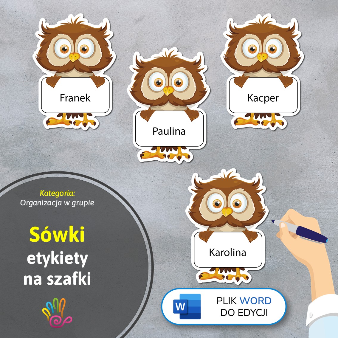 sowy sówki etykiety znaczki na szafki na półki do przedszkola do szkoły do szatni z miejscem na imię pdf do druku do pobrania do samodzielnego wykonania materiały edukacyjne pomoce dydaktyczne terapeutyczne superkid printoteka word do edycji podpisy