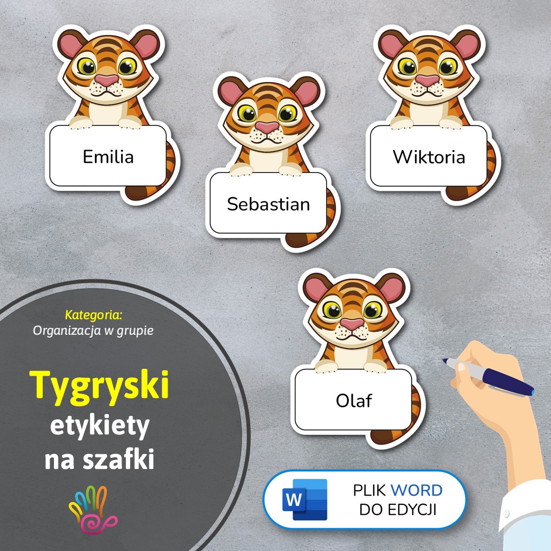 tygryski tygrysy etykiety znaczki na szafki na półki do przedszkola do szkoły do szatni z miejscem na imię pdf do druku do pobrania do samodzielnego wykonania materiały edukacyjne pomoce dydaktyczne terapeutyczne superkid printoteka word do edycji podpisy