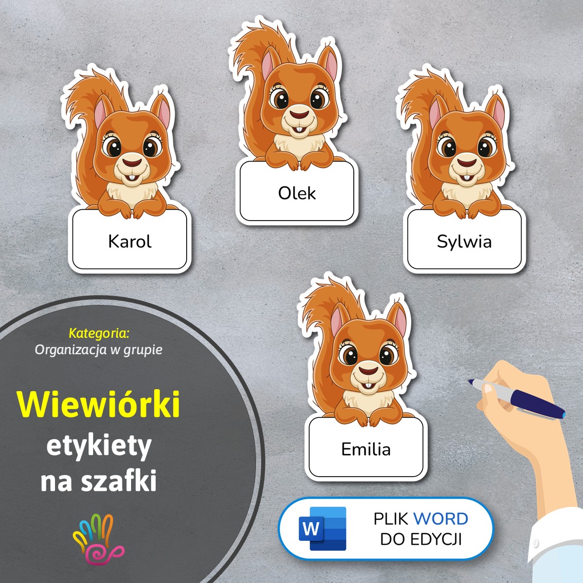 wiewiorki wiewioreczki etykiety znaczki na szafki na półki do przedszkola do szkoły do szatni z miejscem na imię pdf do druku do pobrania do samodzielnego wykonania materiały edukacyjne pomoce dydaktyczne terapeutyczne superkid printoteka word do edycji podpisy
