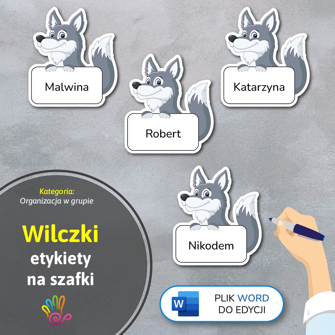 wilczki etykiety znaczki na szafki na półki do przedszkola do szkoły do szatni z miejscem na imię pdf do druku do pobrania do samodzielnego wykonania materiały edukacyjne pomoce dydaktyczne terapeutyczne superkid printoteka word do edycji podpisy