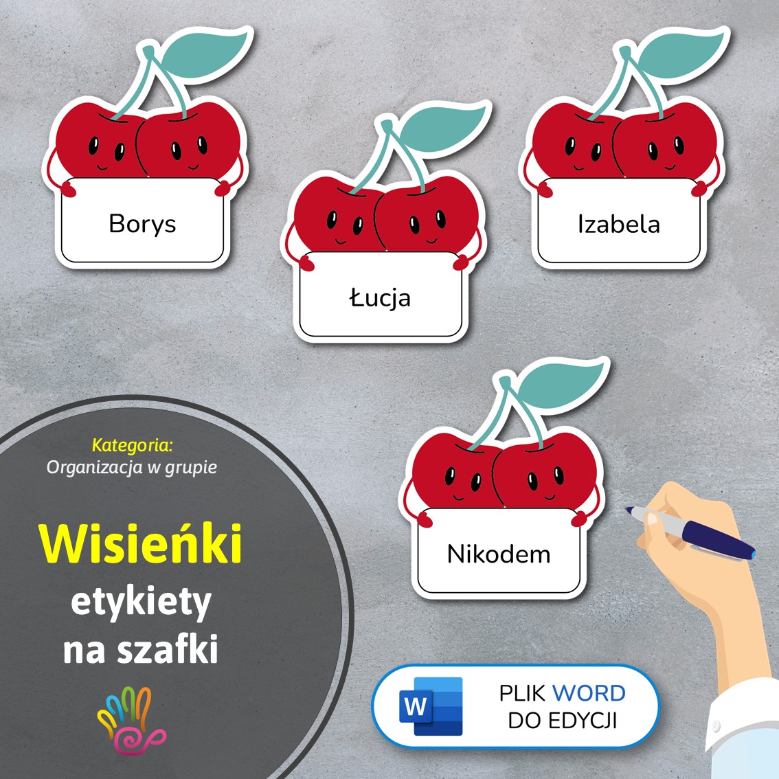 wisieńki wiśnie etykiety znaczki na szafki na półki do przedszkola do szkoły do szatni z miejscem na imię pdf do druku do pobrania do samodzielnego wykonania materiały edukacyjne pomoce dydaktyczne terapeutyczne superkid printoteka word do edycji podpisy