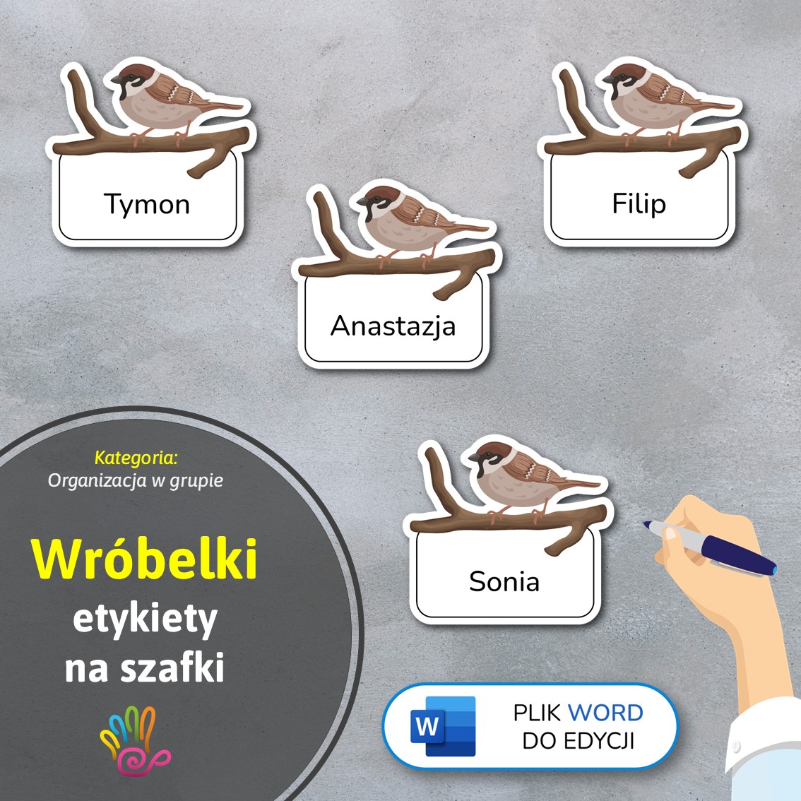 wróble wróbelki etykiety znaczki na szafki na półki do przedszkola do szkoły do szatni z miejscem na imię pdf do druku do pobrania do samodzielnego wykonania materiały edukacyjne pomoce dydaktyczne terapeutyczne superkid printoteka word do edycji podpisy