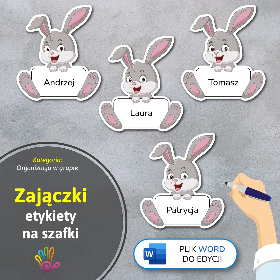 zajączki króliczki zające etykiety znaczki na szafki na półki do przedszkola do szkoły do szatni z miejscem na imię pdf do druku do pobrania do samodzielnego wykonania materiały edukacyjne pomoce dydaktyczne terapeutyczne superkid printoteka word do edycji podpisy