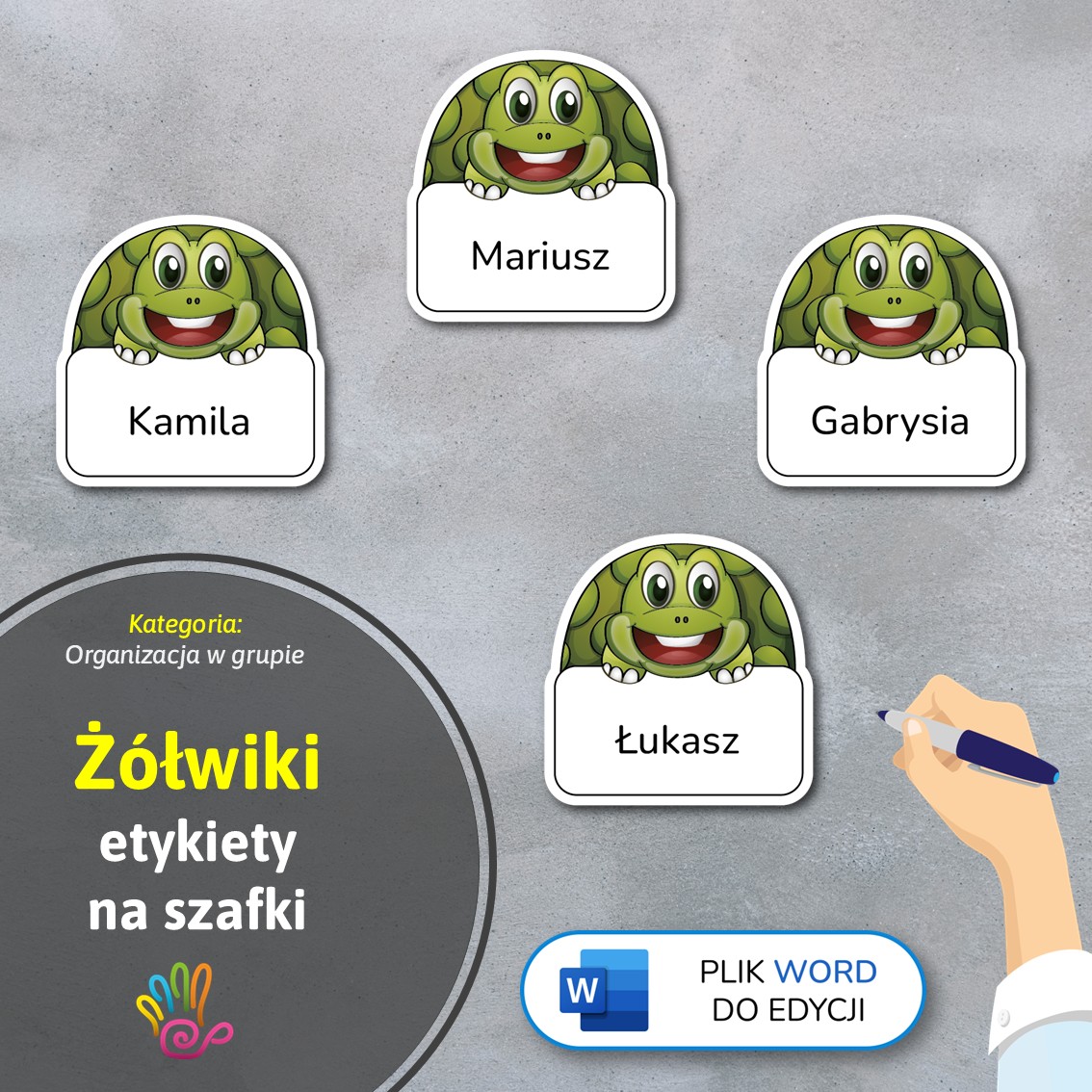 żółwiki żołwie etykiety znaczki na szafki na półki do przedszkola do szkoły do szatni z miejscem na imię pdf do druku do pobrania do samodzielnego wykonania materiały edukacyjne pomoce dydaktyczne terapeutyczne superkid printoteka word do edycji podpisy