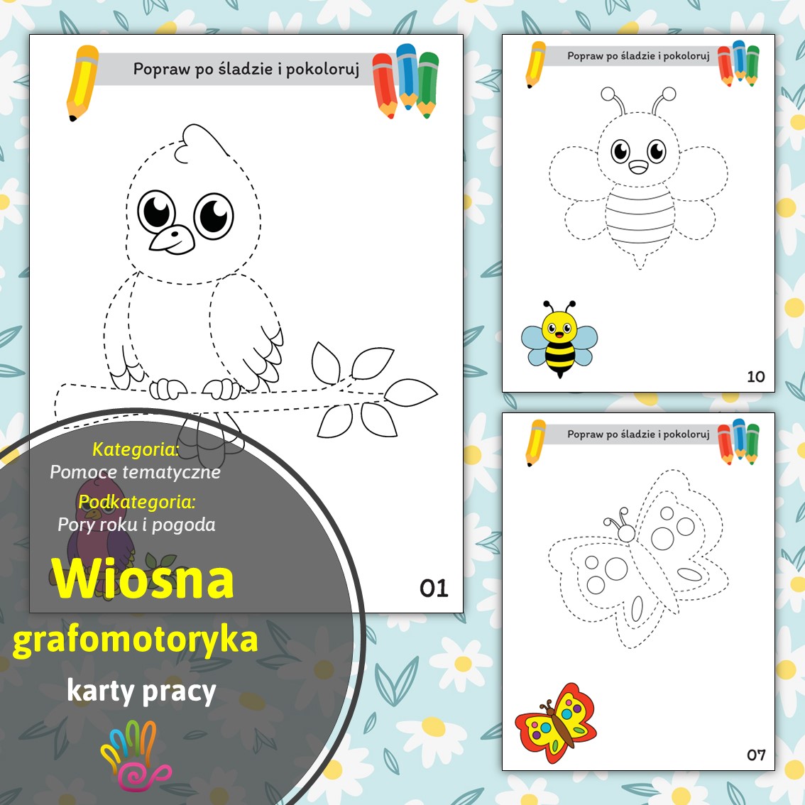 wiosna grafomotoryka karty pracy trening ręki terapia motoryka mała ćwiczenia do druku za darmo do pobrania pdf superkid printoteka