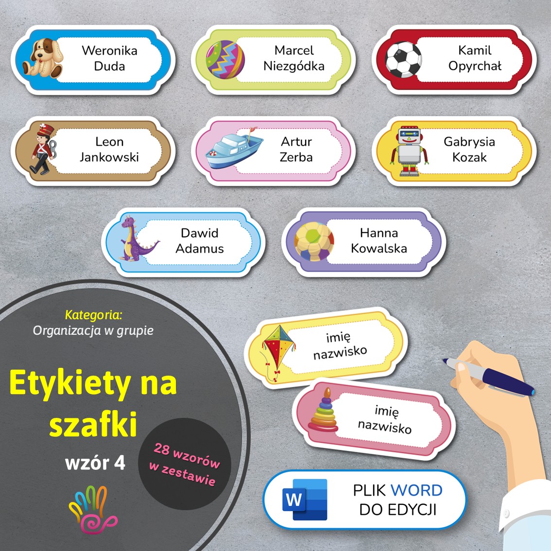 etykiety na szafki wersja edytowalna do edycji word materiały edukacyjne dydaktyczne pomoce pdf plakietki oznaczenia dla dzieci organizacja przestrzeni przedszkole dekoracje do przedszkola imienne dzieci