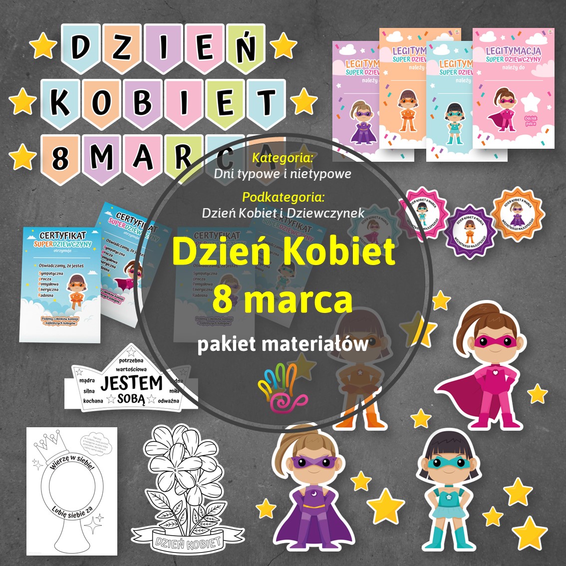 dzień kobiet 8 marca pakiet materiałów zestaw edukacyjny pomoce edukacyjne materiały dydaktyczne pdf do druku ćwiczenia karty pracy dyplom certyfikat legitymacja order kolorowanka karty pracy dekoracje na okno gazetkę girlanda napis superkid printoteka
