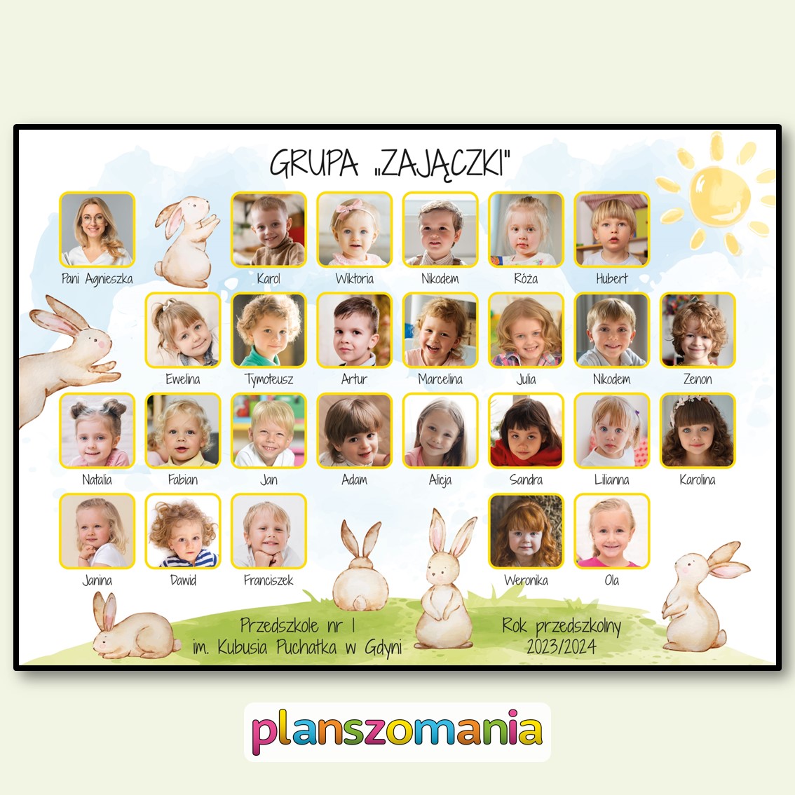 zajączki zające króliki króliczki grupa przedszkolna przedszkole tablo pamiątkowe do druku pdf do pobrania superkid zdjęcia zakończenie roku pasowanie