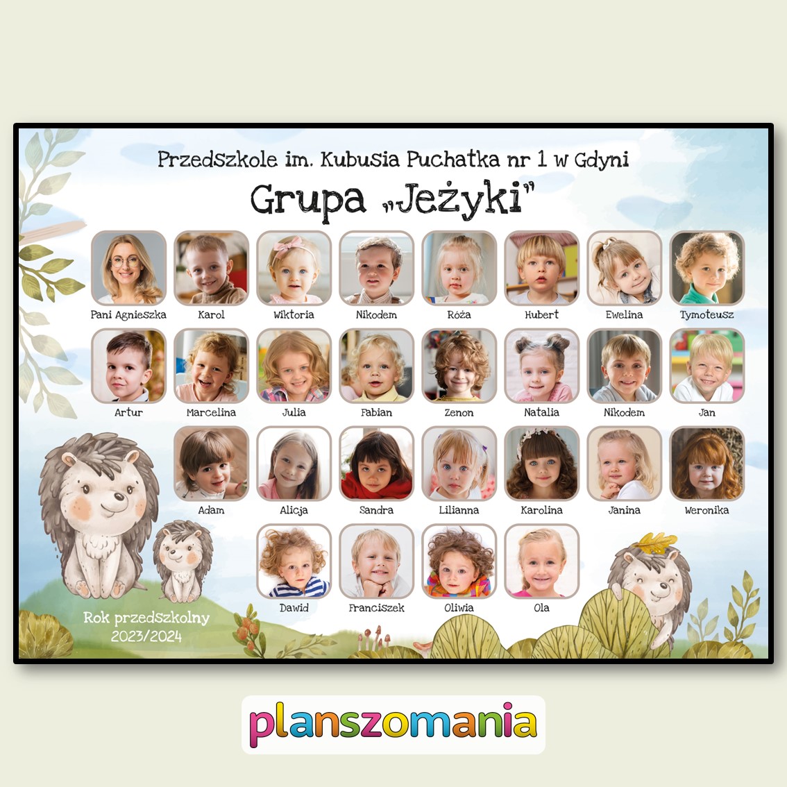 jeże jeżyki grupa przedszkolna przedszkole tablo pamiątkowe do druku pdf do pobrania superkid zdjęcia zakończenie roku pasowanie