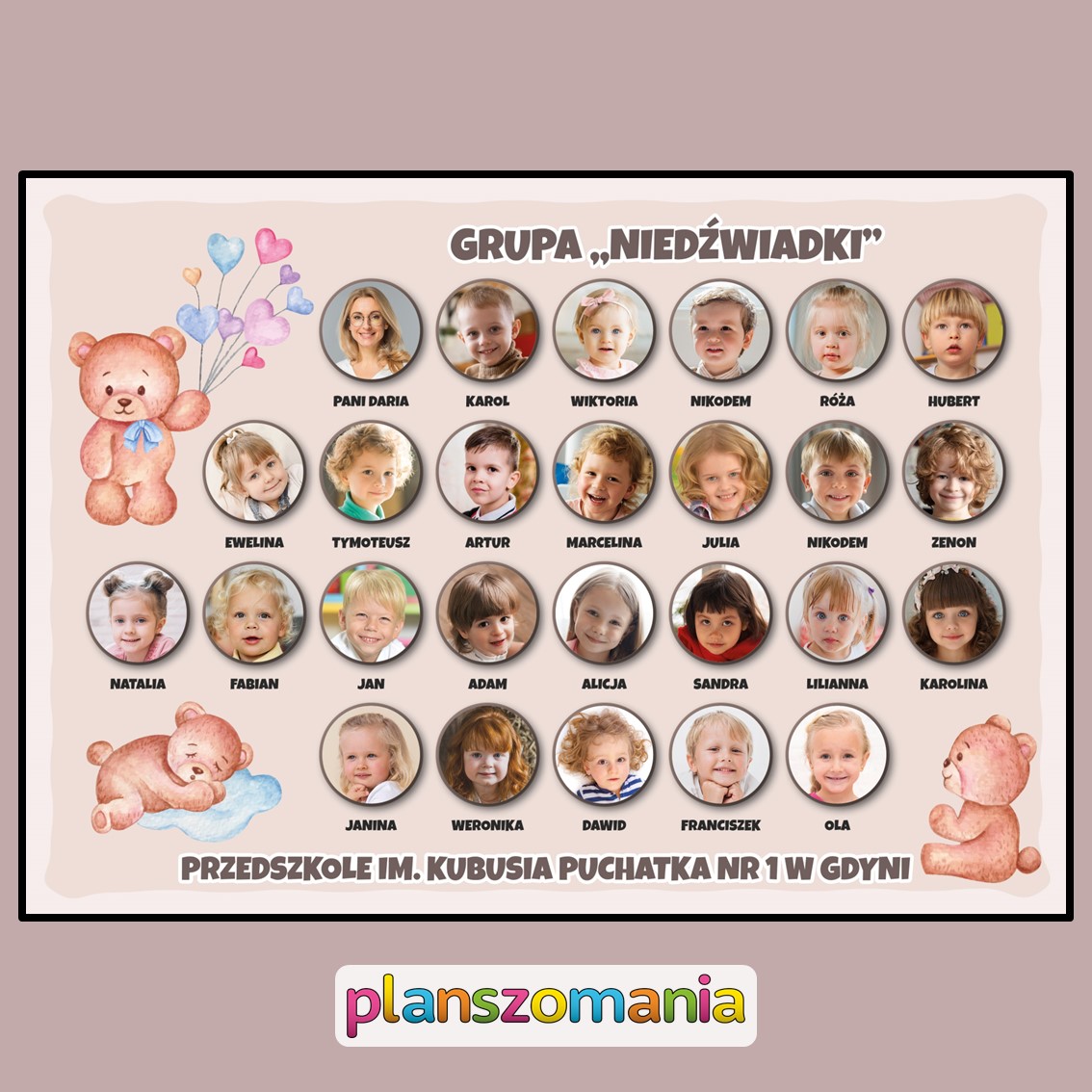 grupa przedszkolna misie niedźwiadki niedźwiedzie przedszkole tablo pamiątkowe do druku pdf do pobrania superkid zdjęcia zakończenie roku pasowanie