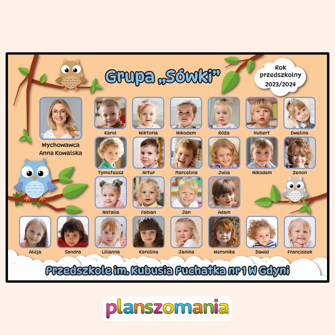grupa przedszkolna sowy sówki przedszkole tablo pamiątkowe do druku pdf do pobrania superkid zdjęcia zakończenie roku pasowanie