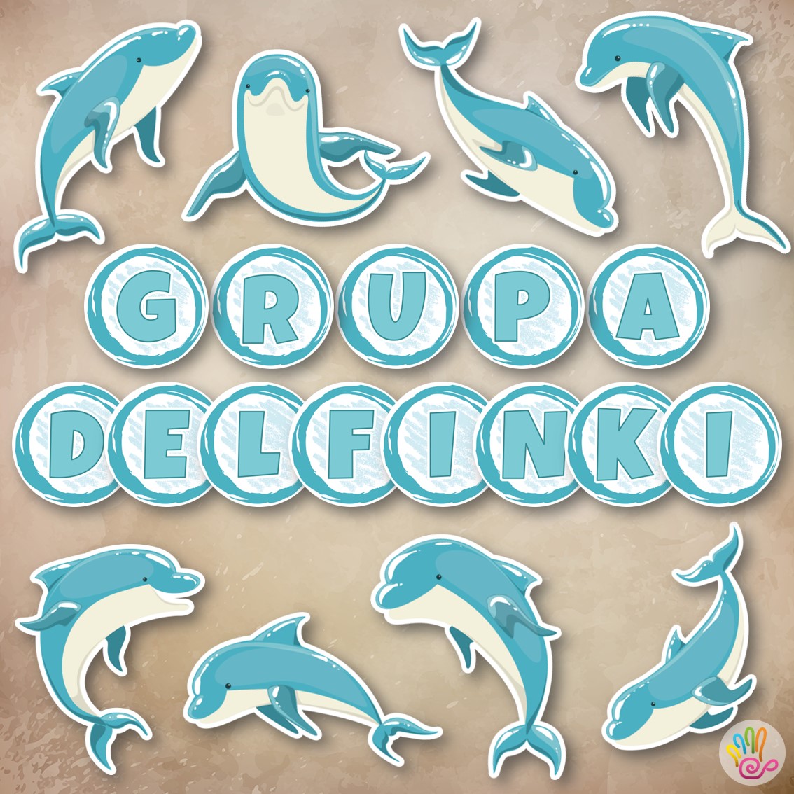 delfiny delfinki grupa Przedszkolna przedszkole dekoracje okienne okno napisy girlanda pakiet grupowy pakiety pdf do druku dekoracje jednostronne dwustronne napis printoteka superkid pomoce edukacyjne materiały dydaktyczne