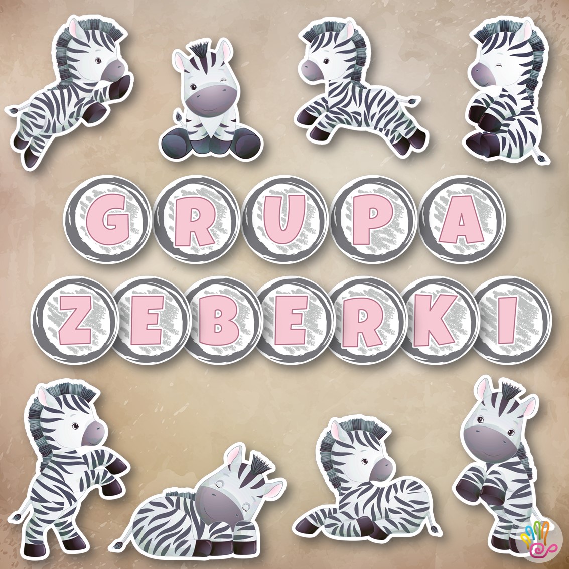 zebry zeberki grupa Przedszkolna przedszkole dekoracje okienne okno napisy girlanda pakiet grupowy pakiety pdf do druku dekoracje jednostronne dwustronne napis printoteka superkid pomoce edukacyjne materiały dydaktyczne