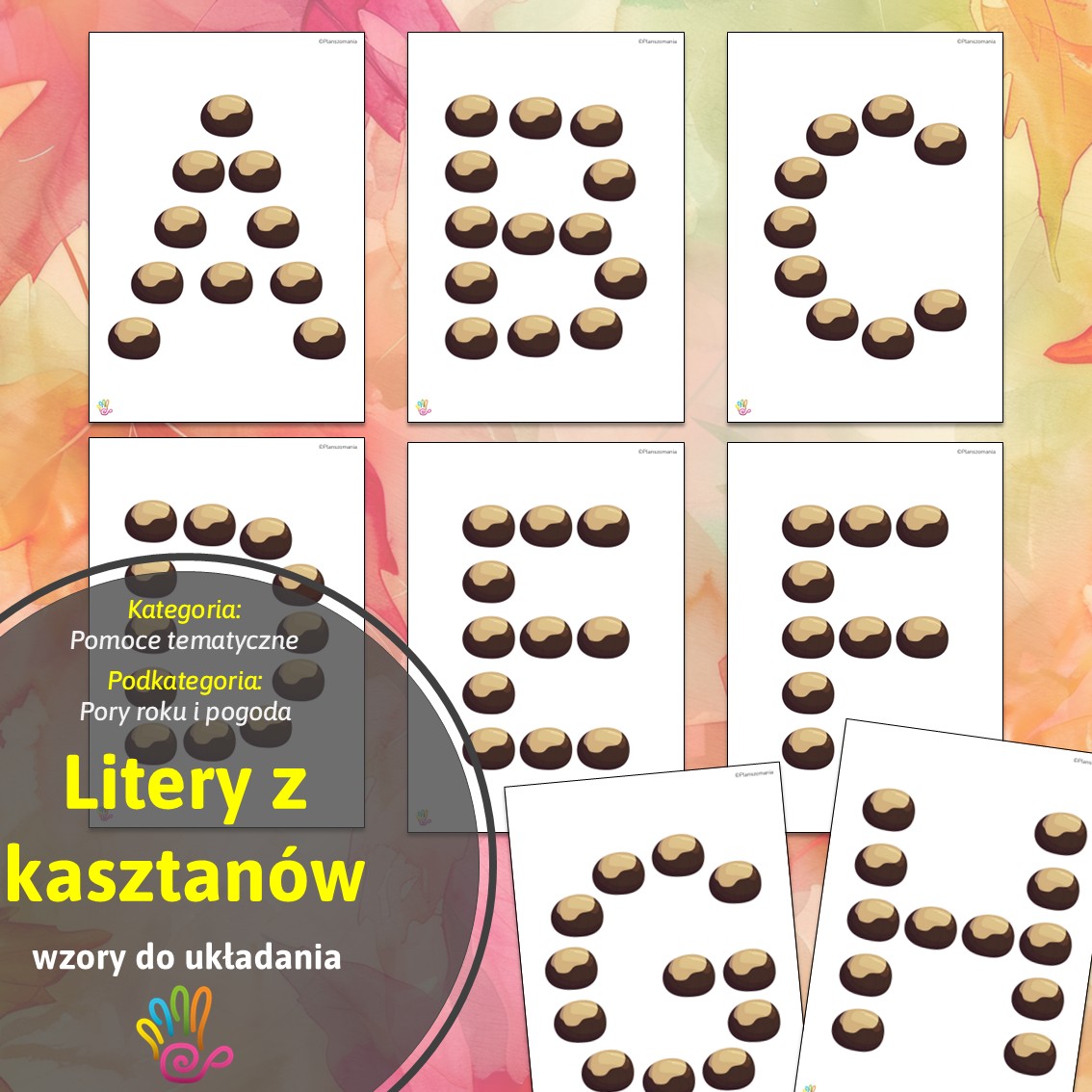 litery z kasztanów kasztany wzory plansze szablony jesień alfabet ćwiczenia materiały dla dzieci edukacyjne dydaktyczne pdf do druku