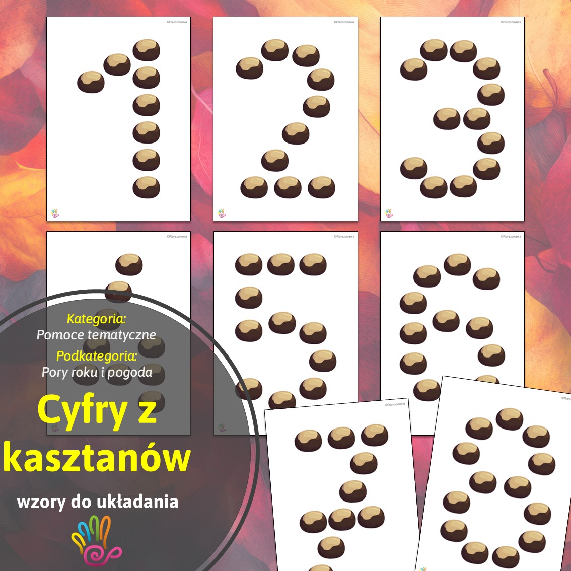 cyfry liczby z kasztanów kasztany wzory plansze szablony jesień alfabet ćwiczenia materiały dla dzieci edukacyjne dydaktyczne pdf do druku