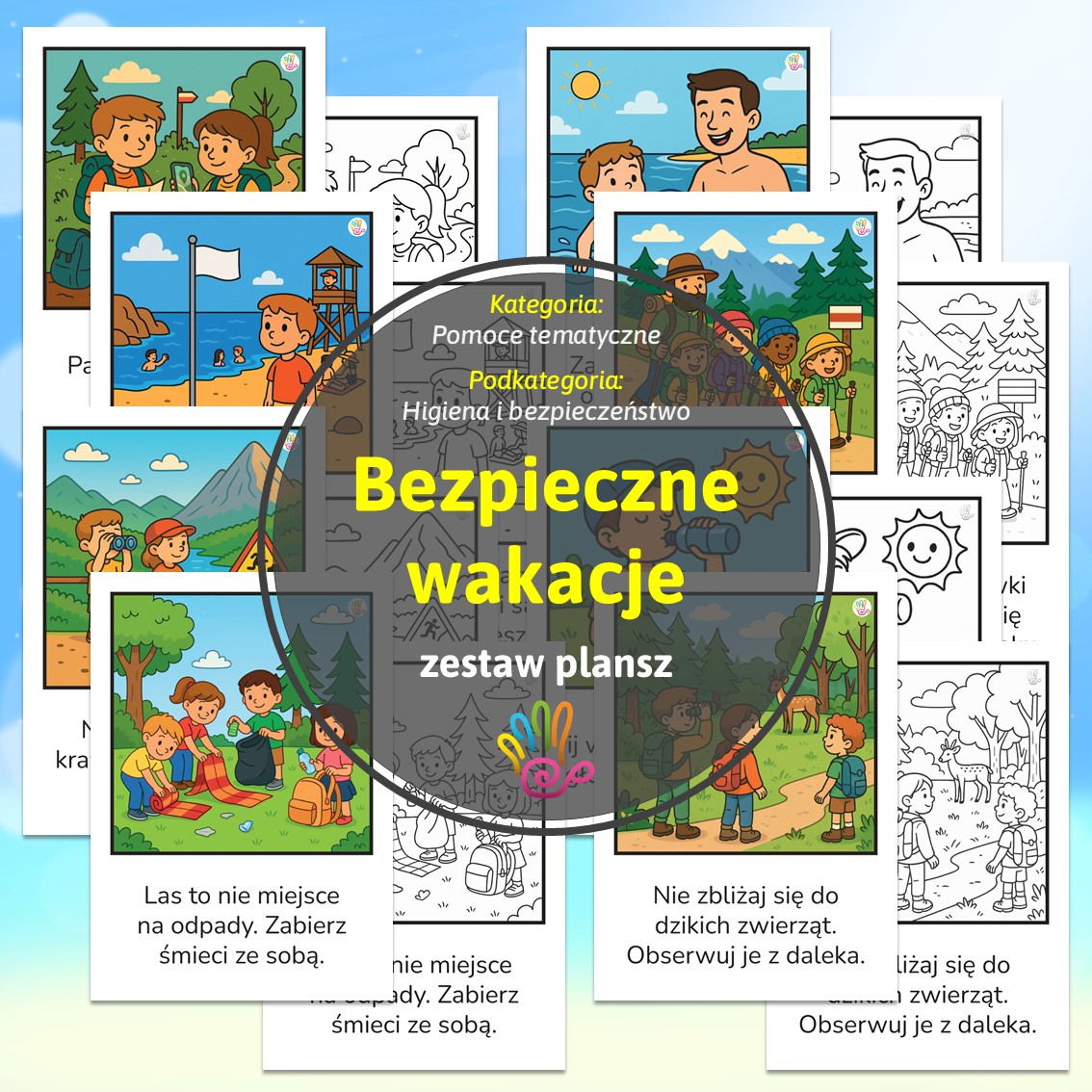 plansze edukacyjne dla dzieci bezpieczne wakacje bezpieczeństwo na wakacjach materiały dydaktyczne pdf do druku terapeutyczne zestaw plansz zasady bezpieczeństwa plansze do kolorowania tematyczne samodzielny wydruk kask rowerowy bezpieczeństwo rowerowe edukacja przedszkolna szkolna plik cyfrowy superkid printoteka
