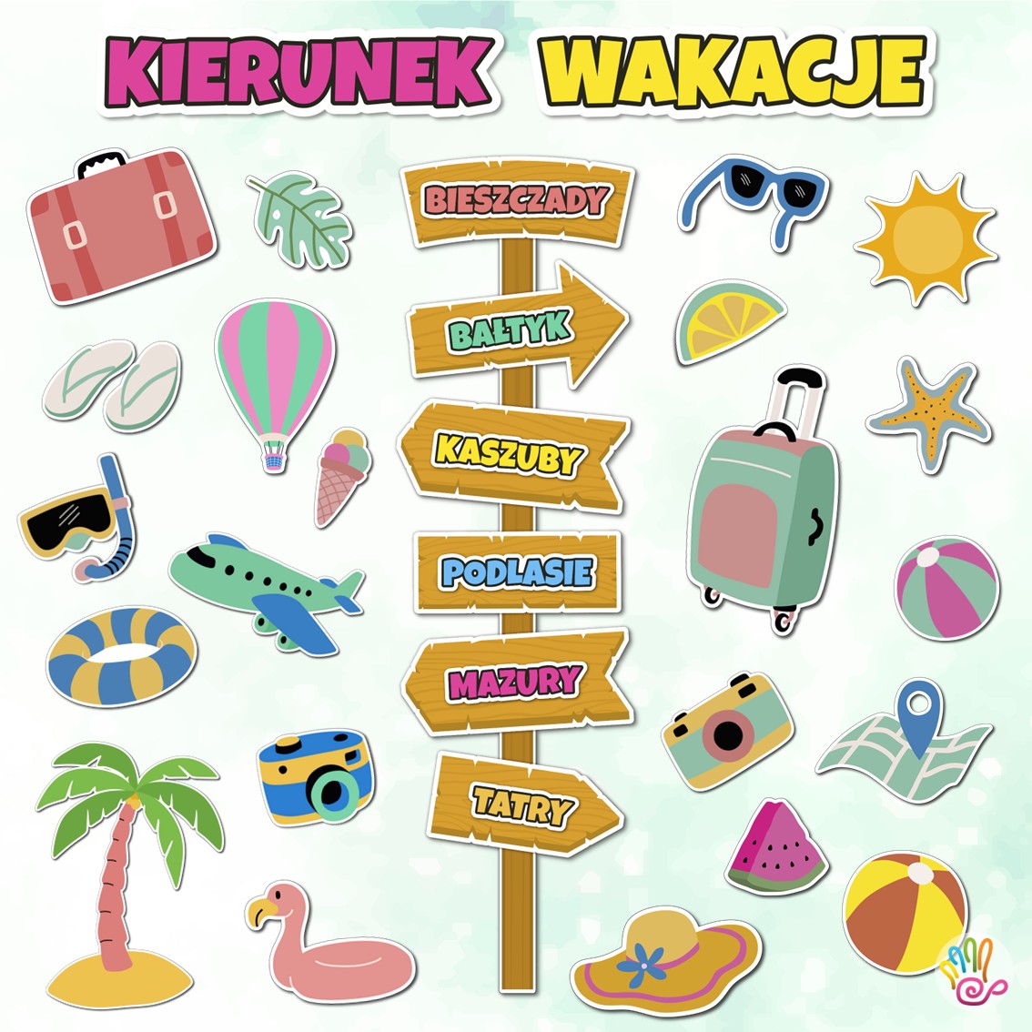 kierunek wakacje dekoracja letnia lato na gazetkę gazetka drzwi korytarz szkoła przedszkole tabliczki ilustracje xxl do druku pdf za darmo do pobrania superkid printoteka