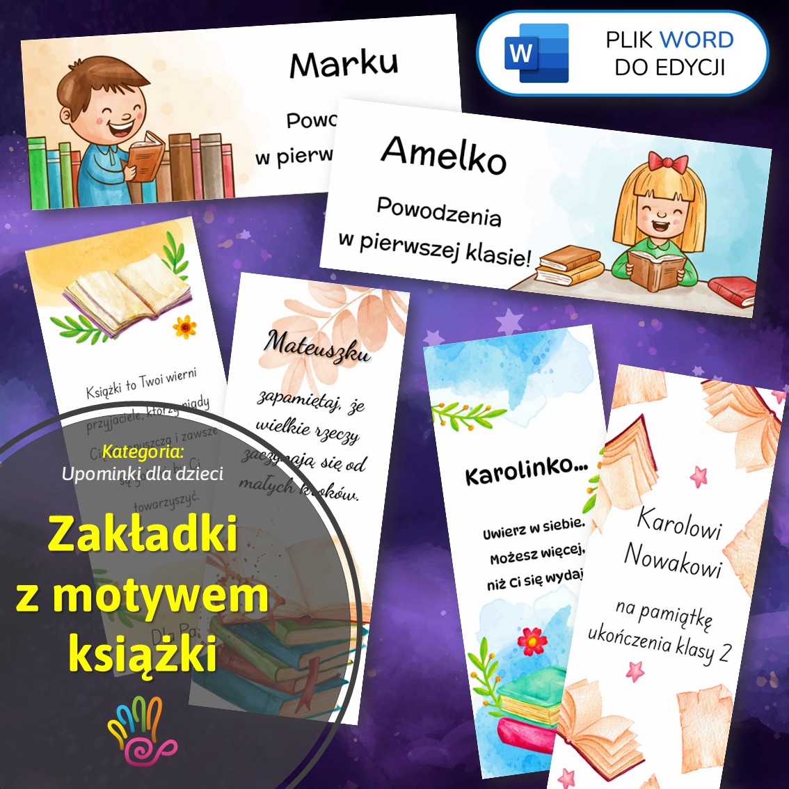 zakładki do książek motyw dzieci przedszkole upominek prezent szkoła zakończenie roku do edycji word edytowalne wzory szablony zakładka pdf materiały edukacyjne dydaktyczne