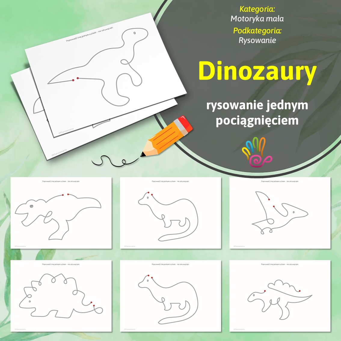 dinozaury karty pracy ćwiczenia dla dzieci materiały pomoce edukacyjne dydaktyczne terapeutyczne do druku pdf jesienne zadania jednym pociągnięciem bez odrywania