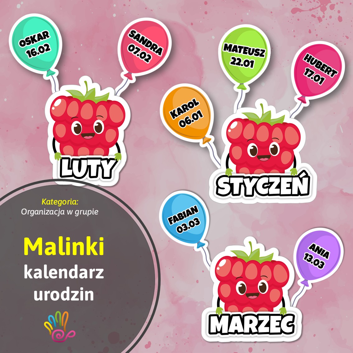 malinki pakiet grupowy kalendarz urodzin urodziny przedszkole gazetka dekoracje maliny pdf pomoce materiały edukacyjne do druku