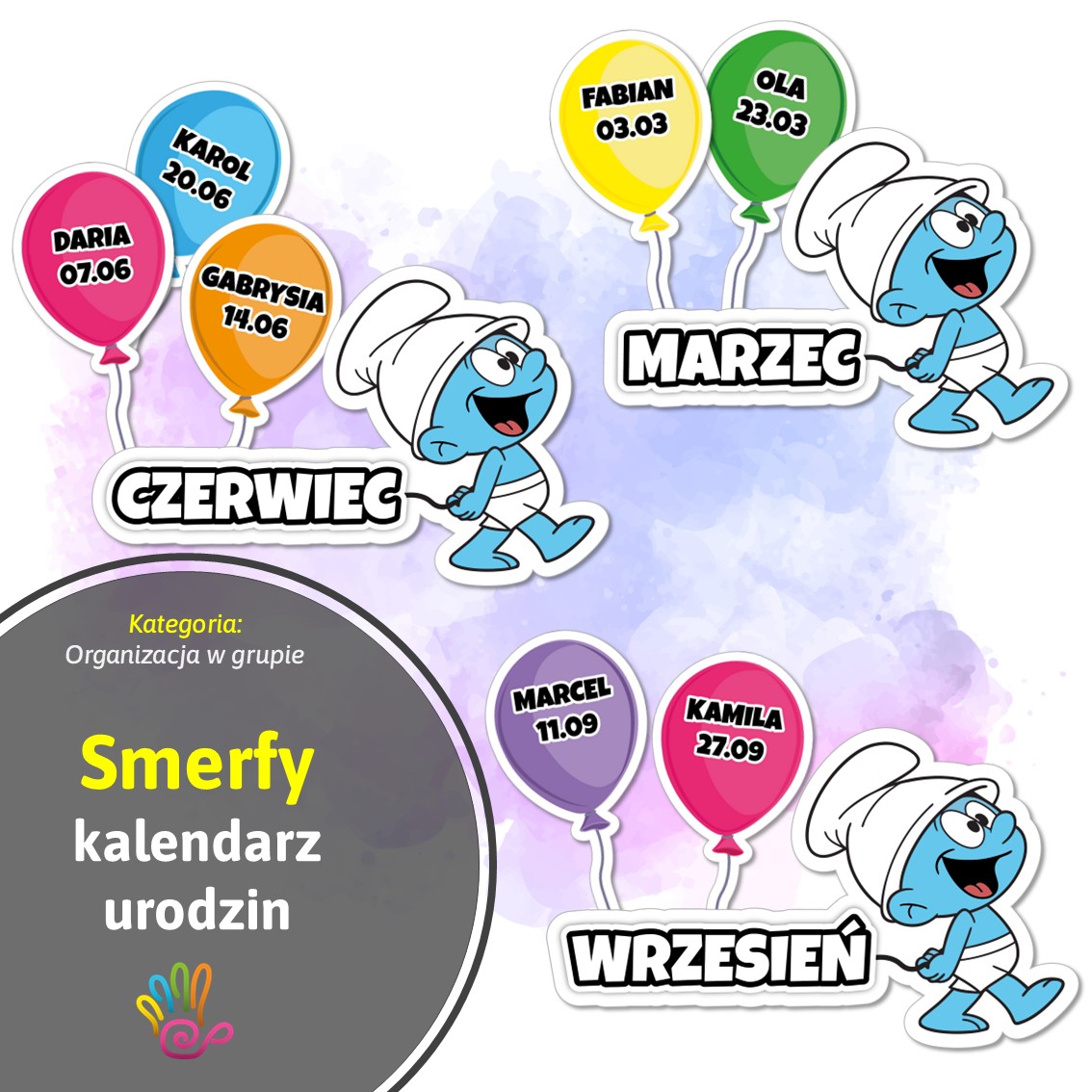smerfy pakiet grupowy kalendarz urodzin urodziny przedszkole gazetka dekoracje maliny pdf pomoce materiały edukacyjne do druku