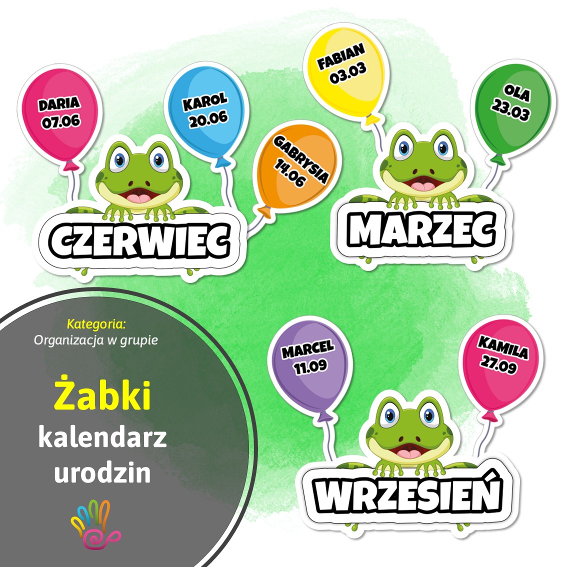 żabki żaby pakiet grupowy kalendarz urodzin urodziny przedszkole gazetka dekoracje maliny pdf pomoce materiały edukacyjne do druku