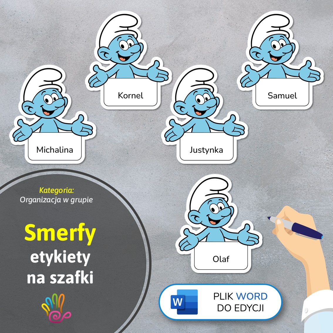 smerfy etykiety znaczki na szafki na półki do przedszkola do szkoły do szatni z miejscem na imię pdf do druku do pobrania do samodzielnego wykonania materiały edukacyjne pomoce dydaktyczne terapeutyczne superkid printoteka word do edycji podpisy