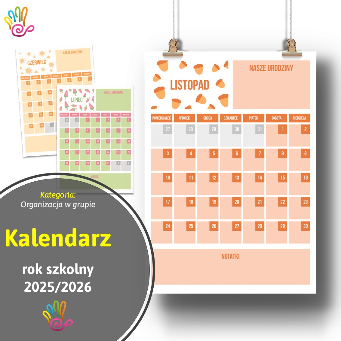 kalendarz dla nauczyciela rok szkolny 2025/2026 A4 A3 miesięczny do wydruku organizacja w klasie przedszkole szkoła