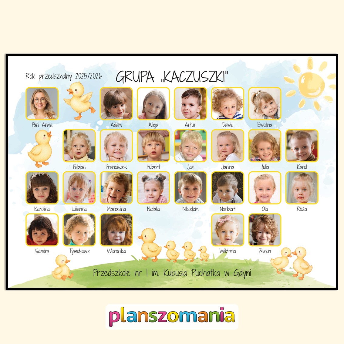 kaczki kaczuszki grupa przedszkolna przedszkole tablo pamiątkowe do druku pdf do pobrania superkid zdjęcia zakończenie roku pasowanie